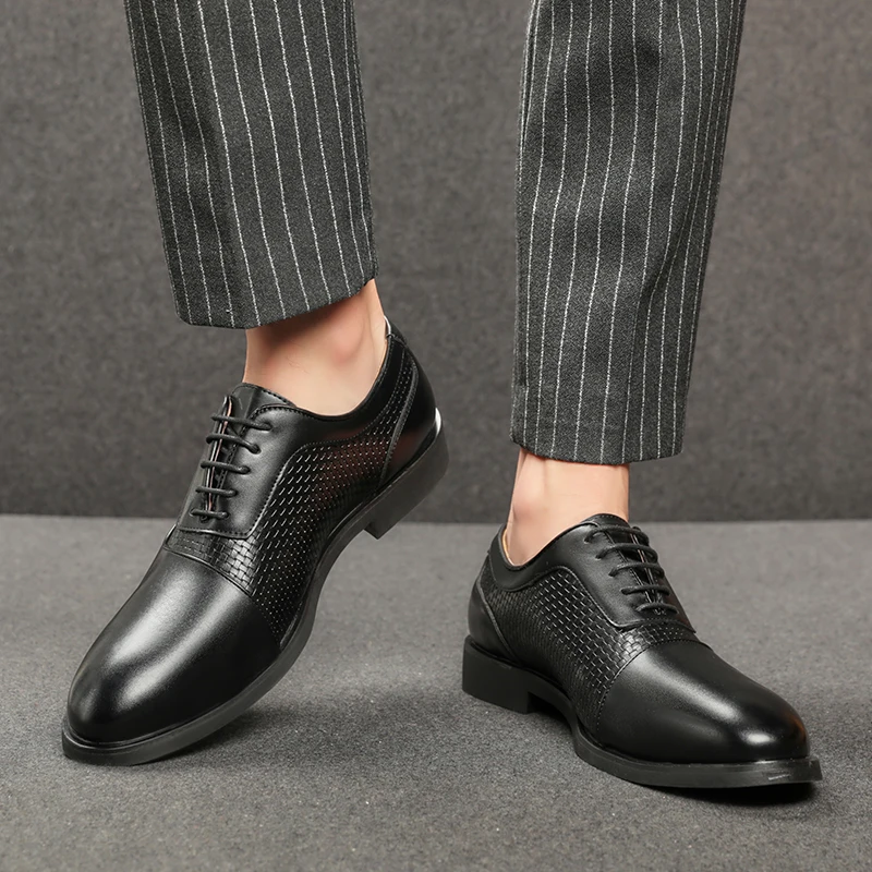 

Summer Men Height Increasing Derby Shoes Lace Up Woven Breathable Business Formal Wear Wedding Banquet Fashion Casual Shoes