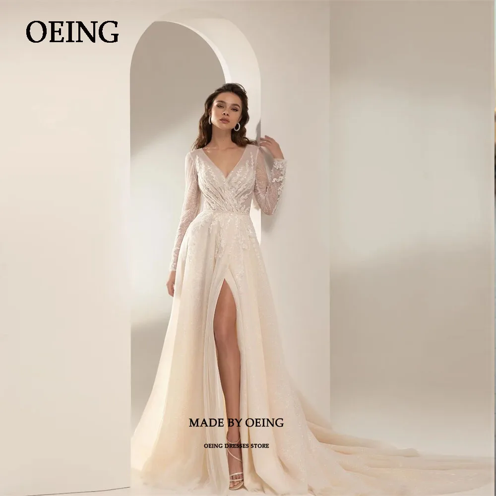 

OEING Lace V Neck Wedding Prom Gowns Simple Long Sleeve Evening Dresses Vestidos Fiesta Classic Off The Shoulder Robe De Mariage