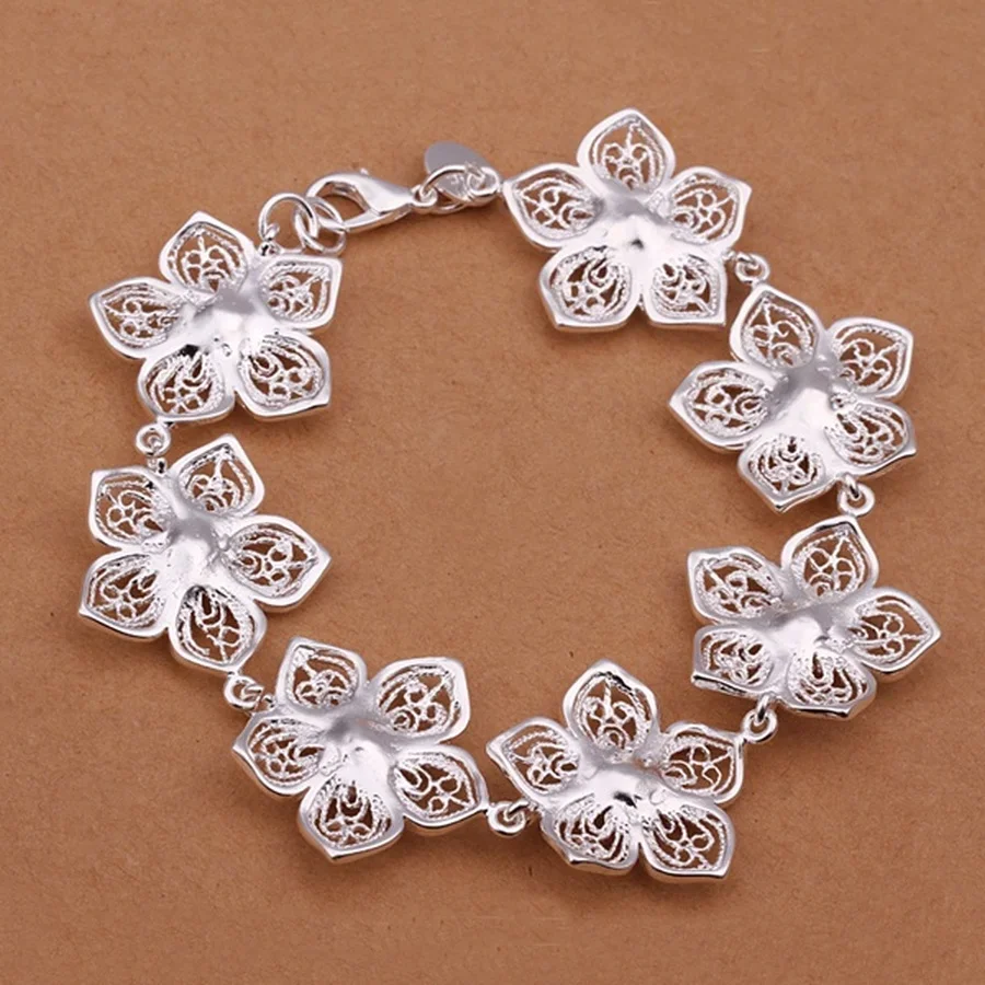 925 Sterling Silver Bracelet Flower Chain Elegant Beautiful Jewelry Wedding For Women Lady Cute 20cm 8inch