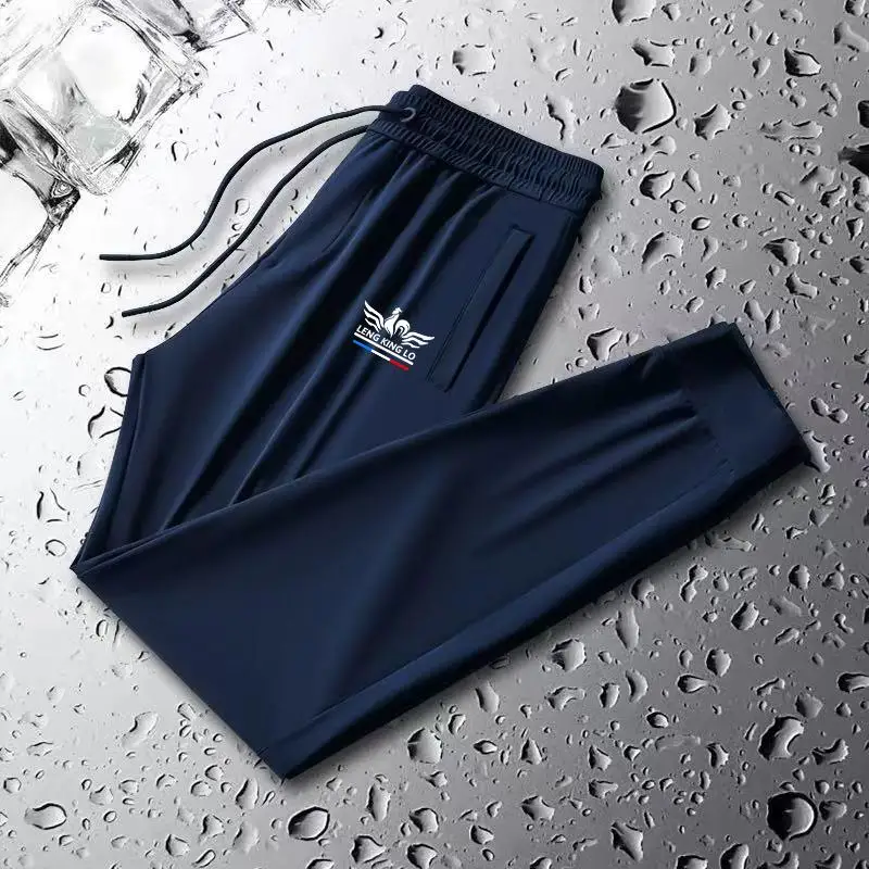 

Мужские летние спортивные брюки из быстросохнущего ледяного шелка, влагоотводящие, свободного кроя, с высокой талией, длинные штанины