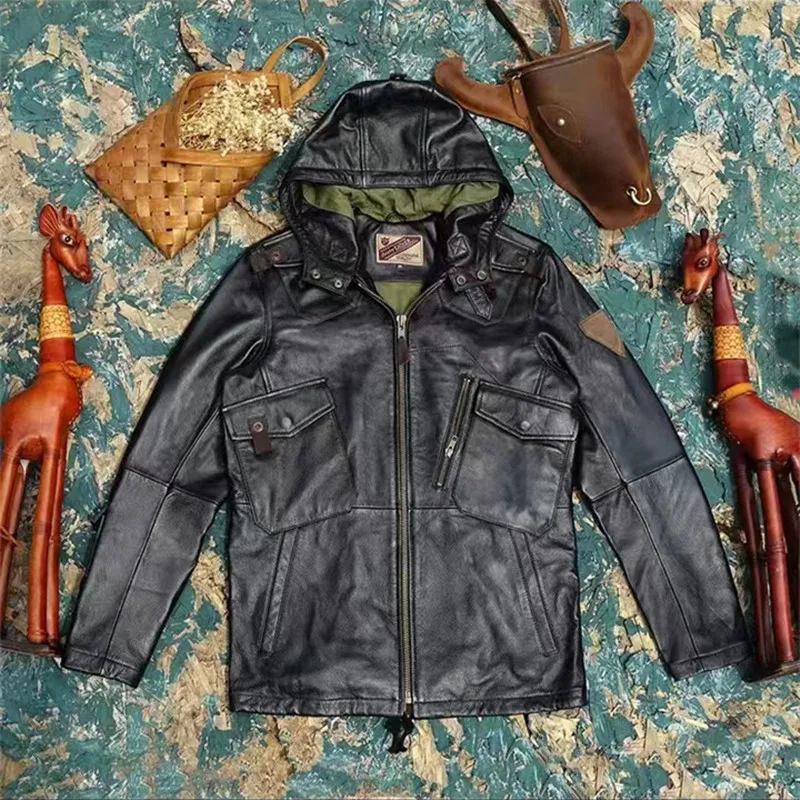 NONE Echtleder-Jagdanzug mit Kapuze für Herren, Jagdbekleidung, Schafsledermantel, Outdoor-Reiten, Reisen, Motorradjacke, M65-Ausrüstung 3
