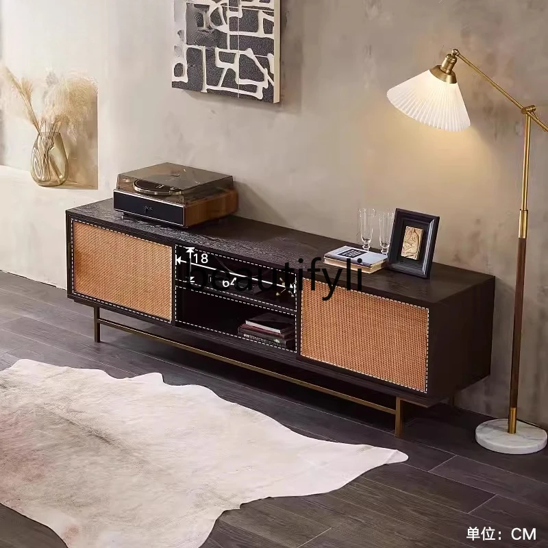 

Nordic medieval retro old wabi wind solid wood oak rattan TV cabinet living room cabinet