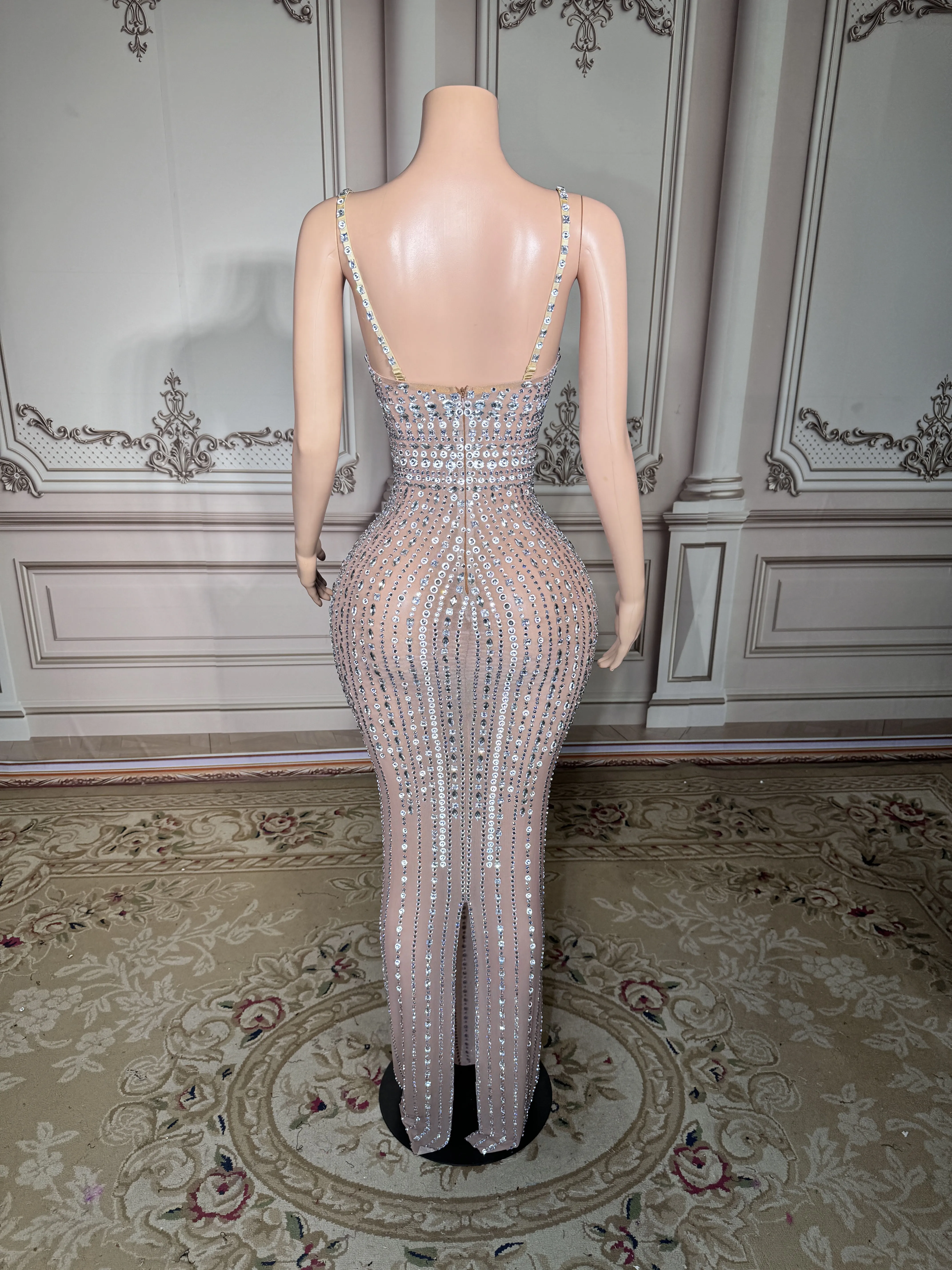 ZD Abito aderente sexy da donna Abito da sera di compleanno di lusso con strass glitterati Maglia trasparente Abito da ballo Abito da palcoscenico