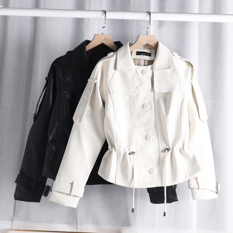 Women's Short Biker Jacket Slim Fit Leather Coat Spring Autumn New Style Fashionable Female Outerwear PU Material