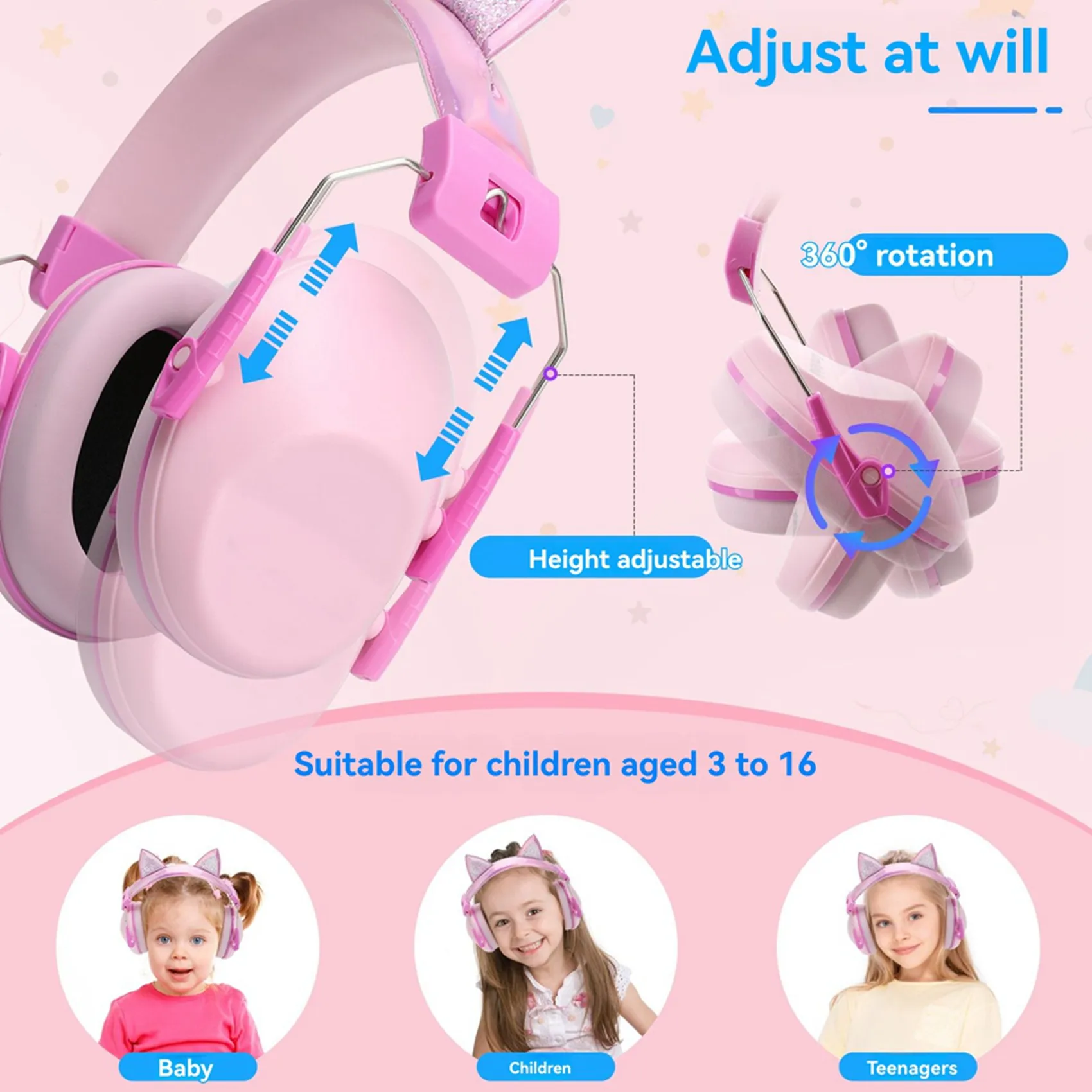 2X Pink Cat Ears Kids Earmuffs Adjustable Anti-Noise Hearing Protector For Children For Study & Sleep Noise Cancelling