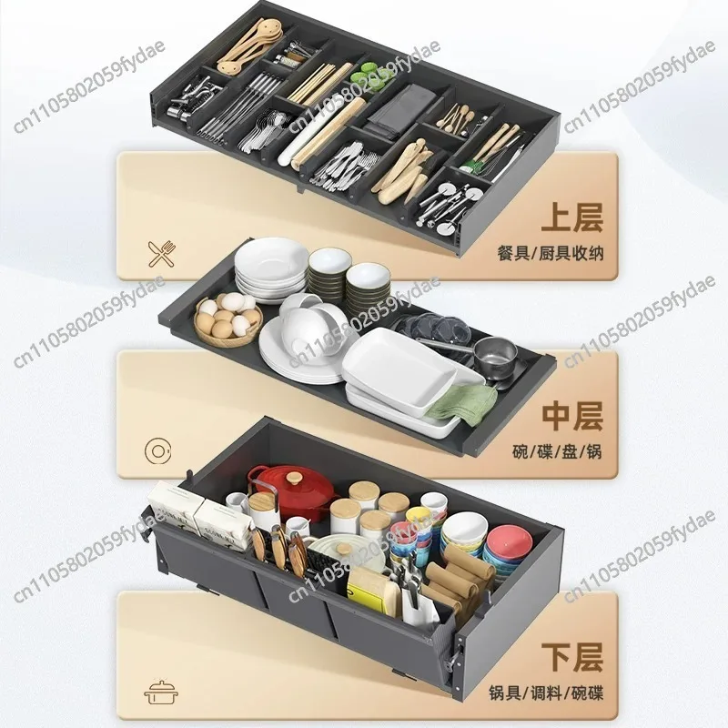 Kitchen Tilting Dish Drawer with Three-Tier Pull-Out Basket for Seasonings and Cookware Storage