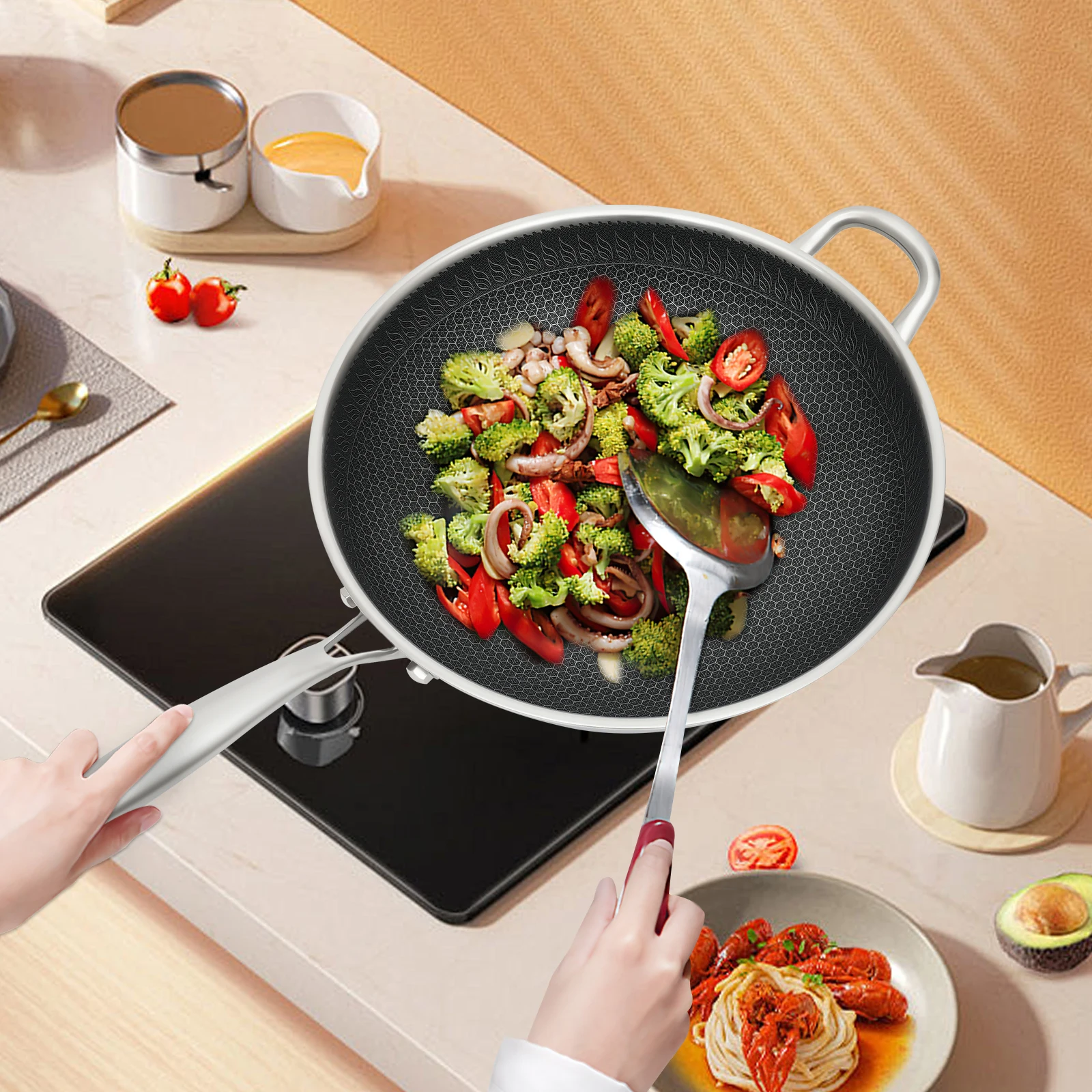 

316 Stainless 13.4 Inch Nonstick Skillet with Anti-scalding Extended Handle Wok Cover for Induction Cookers Gas Ceramic Stoves