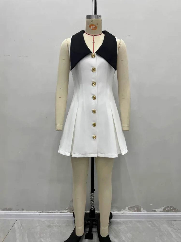 Blifanbo Mini abito elegante con fibbia in metallo per donna senza maniche a vita alta Slim patchwork pieghettato con cerniera A-line Club Party Dress