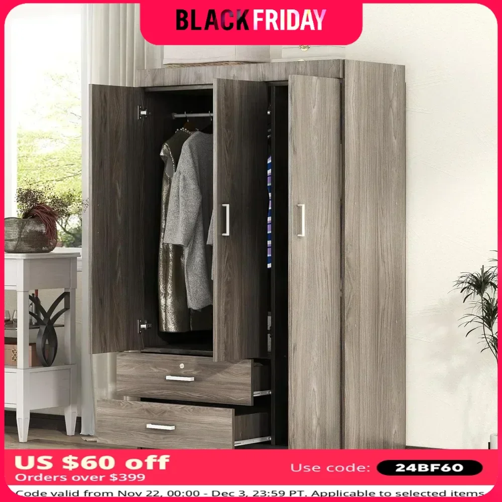 3 Doors Armoire Closet Select, Large Freestanding Armoire Wardrobe Cabinet with 2 Drawers,  Wood Grain Effect in Gray,Wardrobes