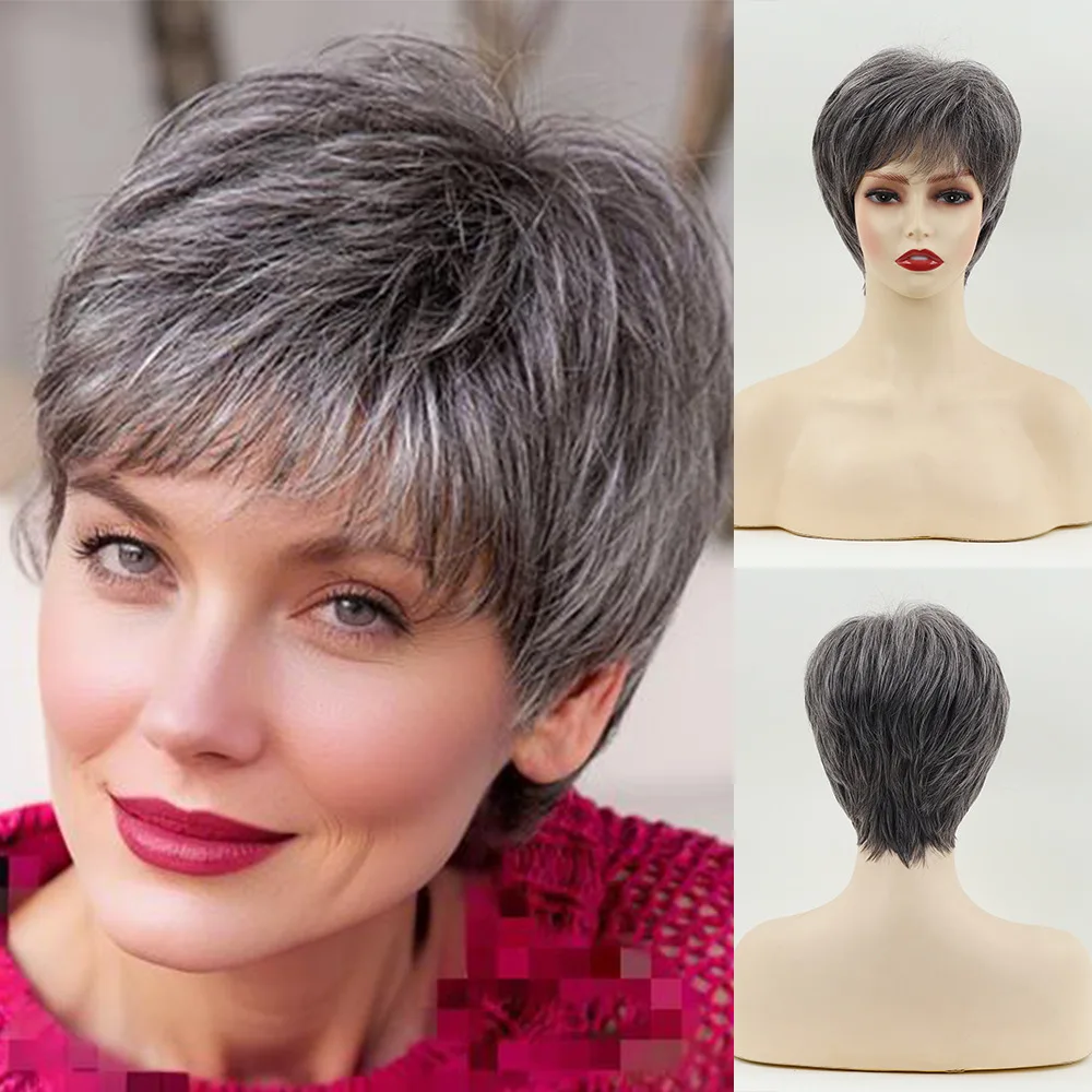 

Fluffy Grey Short Straight Synthetic Wig for Women Heat Resistant Daily Use Costume Party Elderly Mother Graying Hair Hairpiece