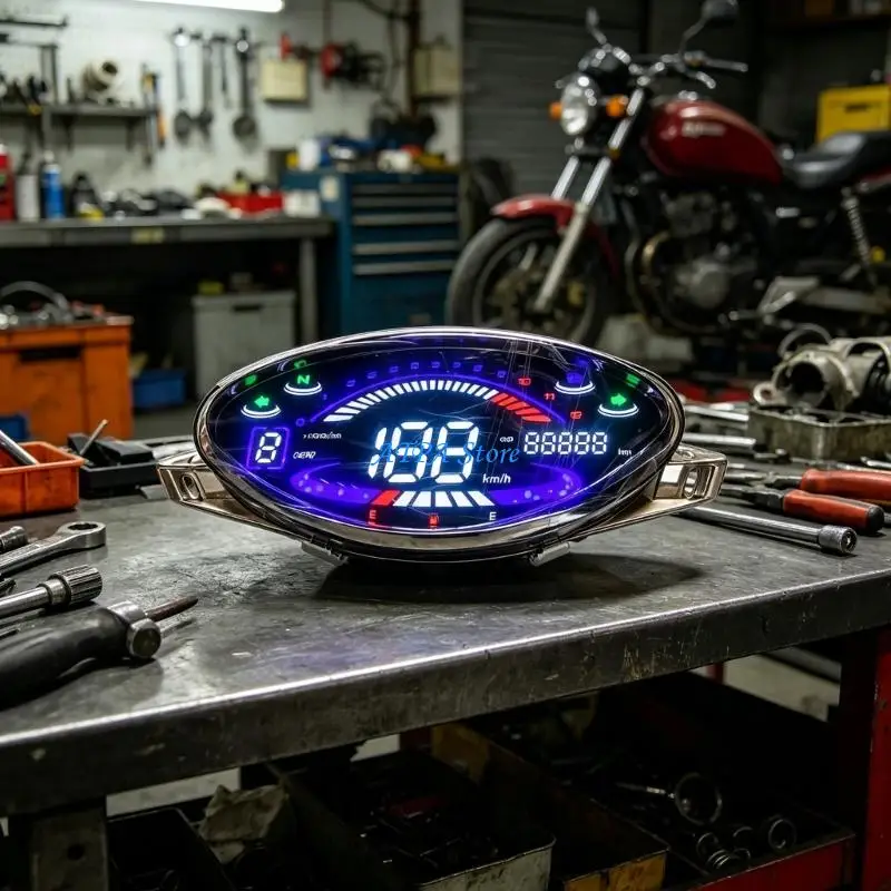 

U13C Motorcycle Dashboard Replacement Cluster With LED Digital Readouts, Light Sections, Wiring Harness and Smoked Lens Cover
