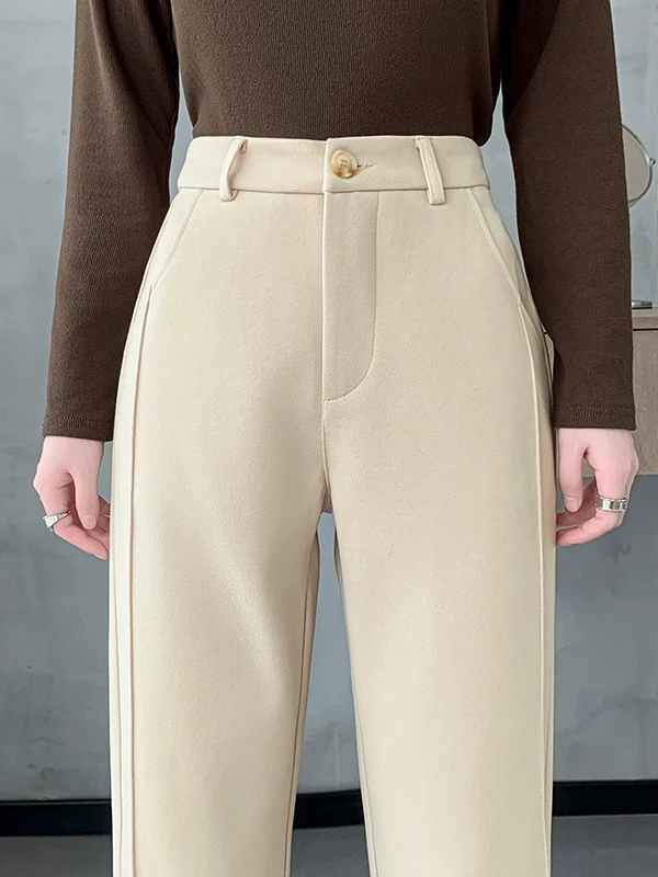Pantalones Harlan de pierna recta de cintura alta de lana de Color puro Otoño Invierno pantalones casuales sueltos adelgazantes de nueve tubos para mujeres de talla grande