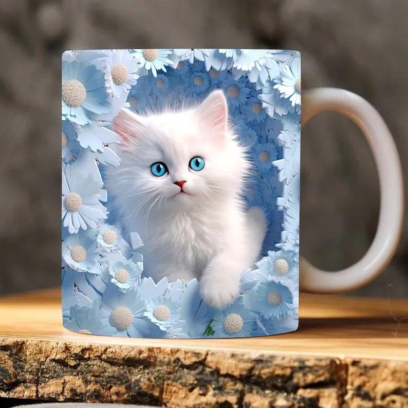 Taza de gatito lindo 3D para Niñas para beber desayuno, café, leche, Taza de cerámica con mango gordito, regalo de Navidad