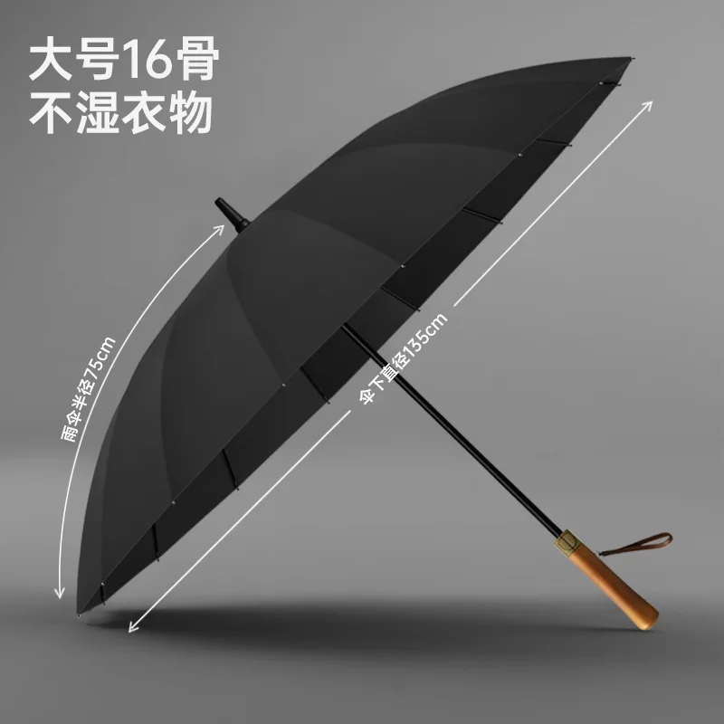 Solid Wood Handle 16-bone Large Three-person Umbrella with Engraved Retro Wooden Handle Automatic Umbrella Vinyl Sun Protection