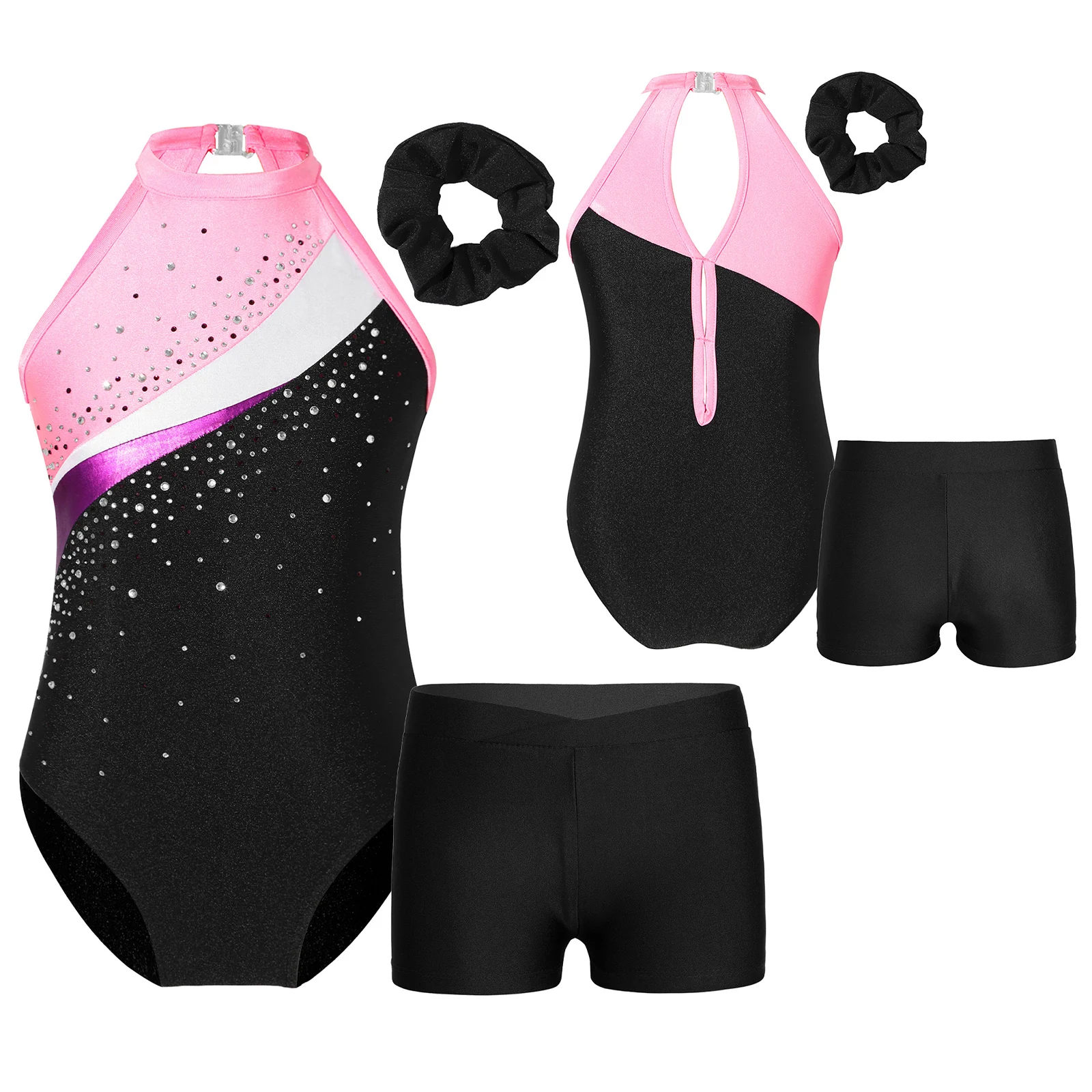 

Kids Girls Ballet Dance Leotards Sleeveless Hollow Back Shiny Rhinestone Gymnastics Bodysuit with Hair Band and Shorts Bottoms