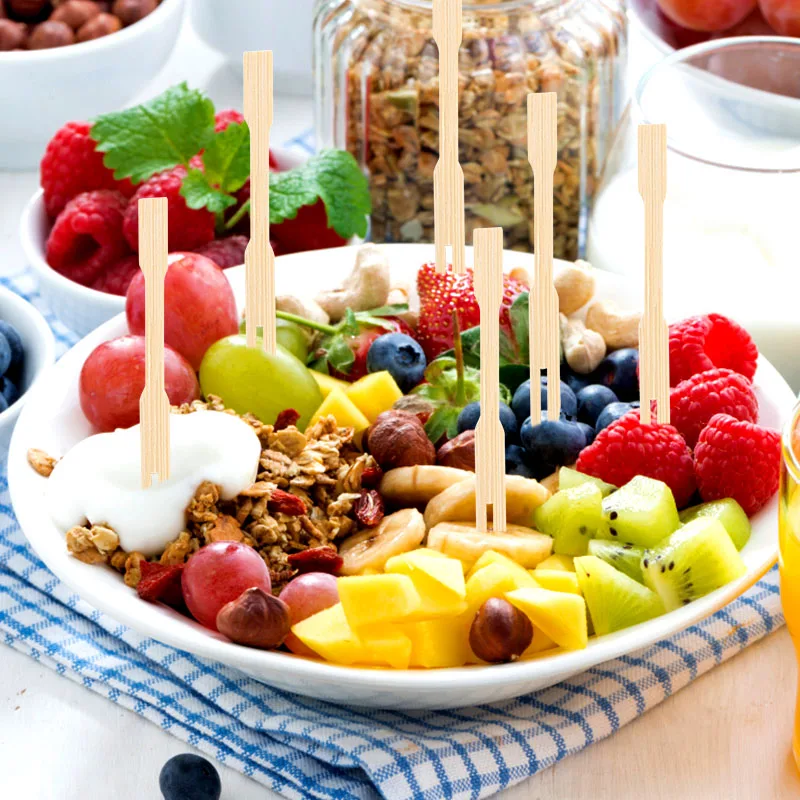100Pcs Disposable Bamboo Fruit Fork 2 Prongs Wooden Cocktail Picks Small Appetizer Forks For Birthday Beach Luau Party Tableware