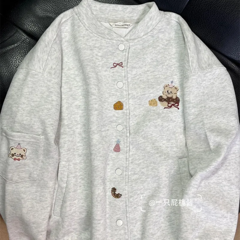 Y2K Korean Preppy Cartoon Bear Cute Embroidered Loose Baseball Jacket Hoodie Women Gray Long Sleever Sweatshirt Coat Sweet Girls