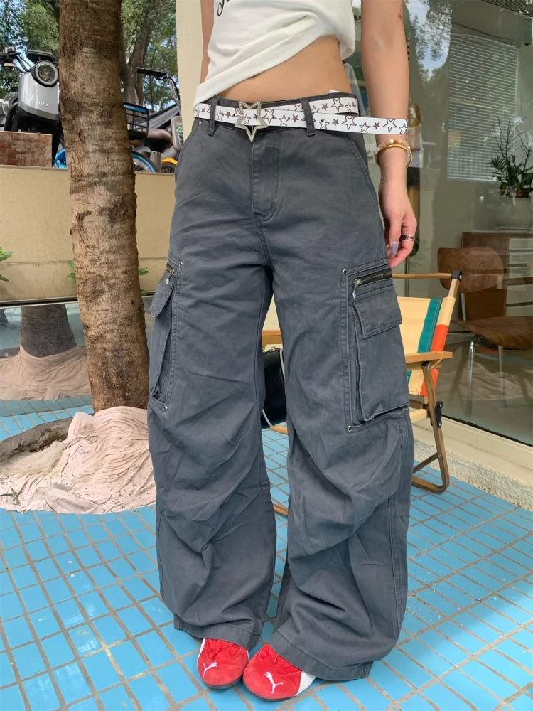 

Retro American High Street Grey Work Pants Women's Loose Casual Wide Leg Straight Cut Long Trousers Autumn Spring Fashion