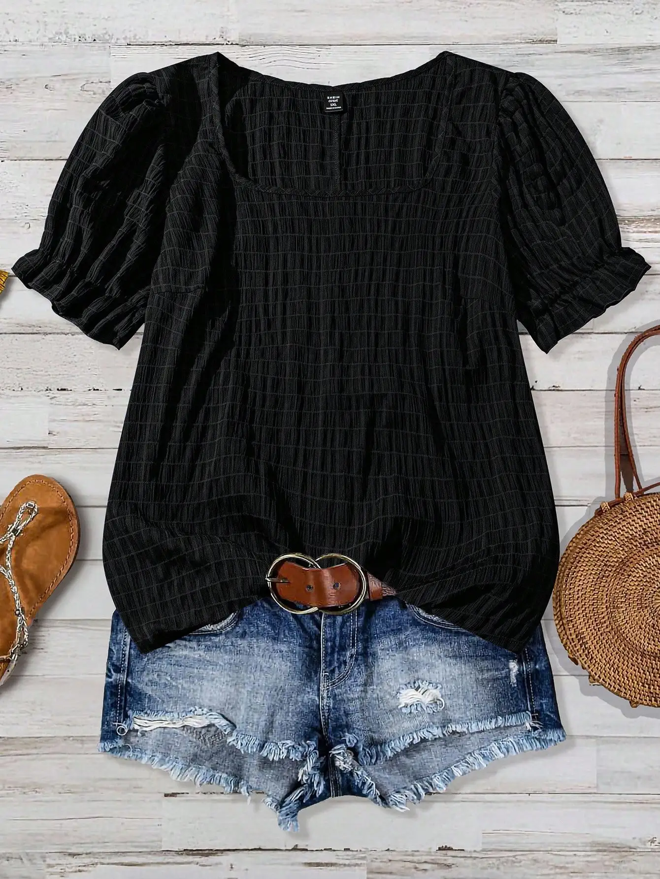 

Plus Size Square Neck Puff Sleeve Casual Short Sleeve Top