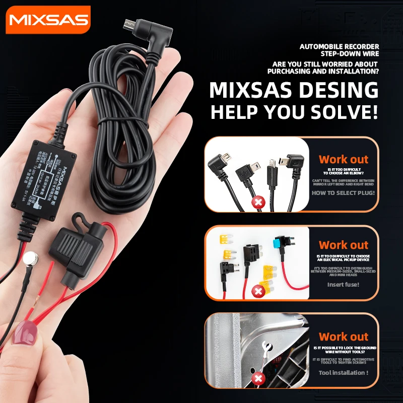 MIXSAS Car Step-Down Line Driving Recorder 3.5M USB Charger Cable Kit 12-30V to 5V 1-3A Low Voltage Auto Dash Cam Buck Line