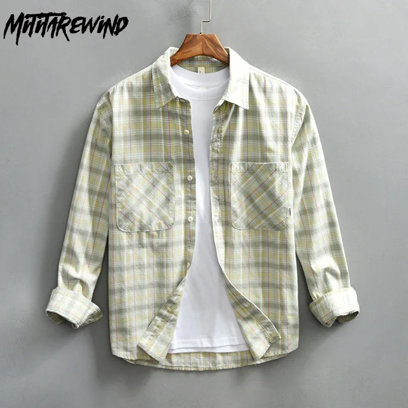 

Японская свежая клетчатая рубашка для мужчин, новинка 2025 года, рубашки с длинным рукавом, мужские рубашки с лацканами и двойными карманами, повседневная оксфордская рубашка, 100, хлопковые топы, молодежные