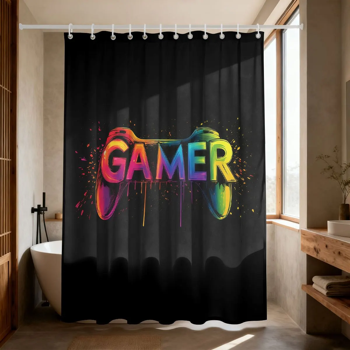 Colorful Gamer Text Shower Curtain, RGB Neon Graffiti Style Bath Screen, Waterproof Polyester Fabric Video Game Room Decor
