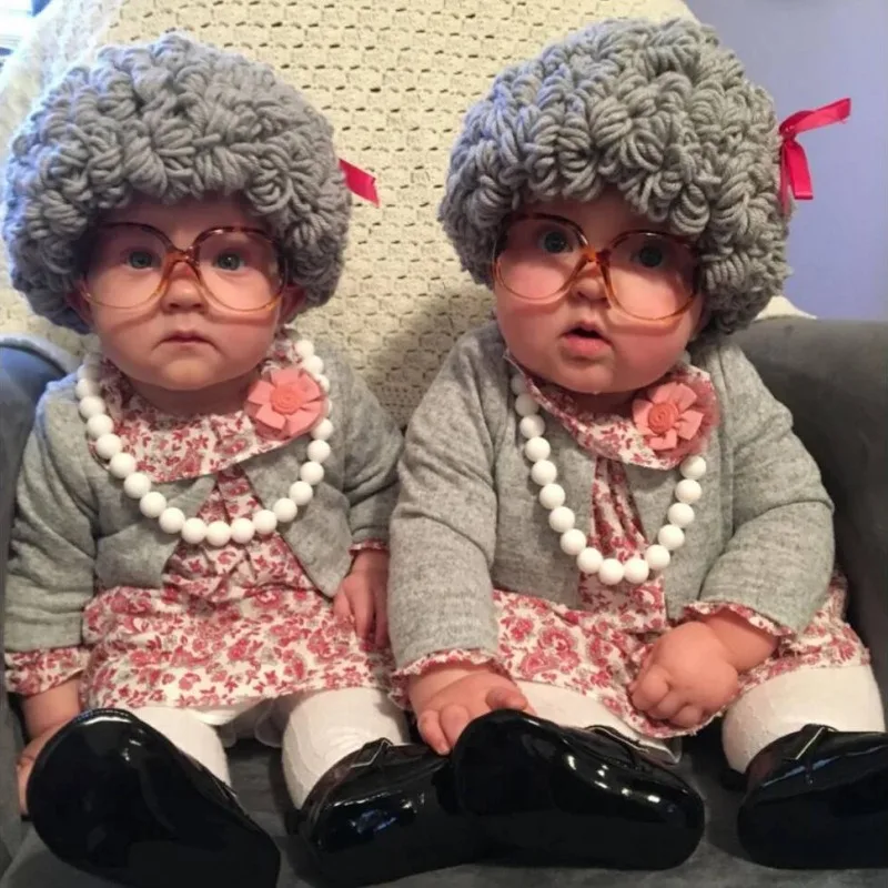 Newborn Photo Prop Wig - Grey Wool Old Lady Cap with Glasses, 100th Day & Halloween Photography