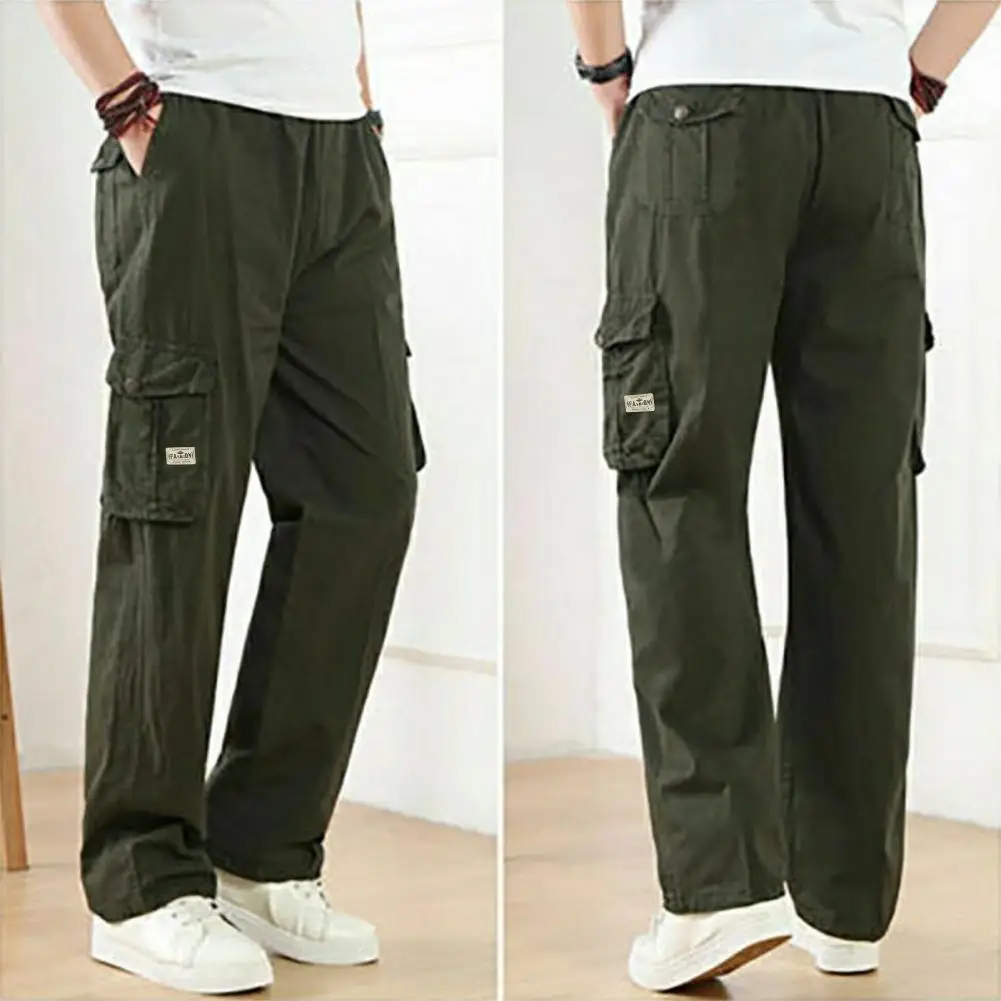 Multiple Pocket Trousers Solid Color Pants Streetwear Men's Wide Leg Pants with Elastic Waist Multi Pockets for Casual