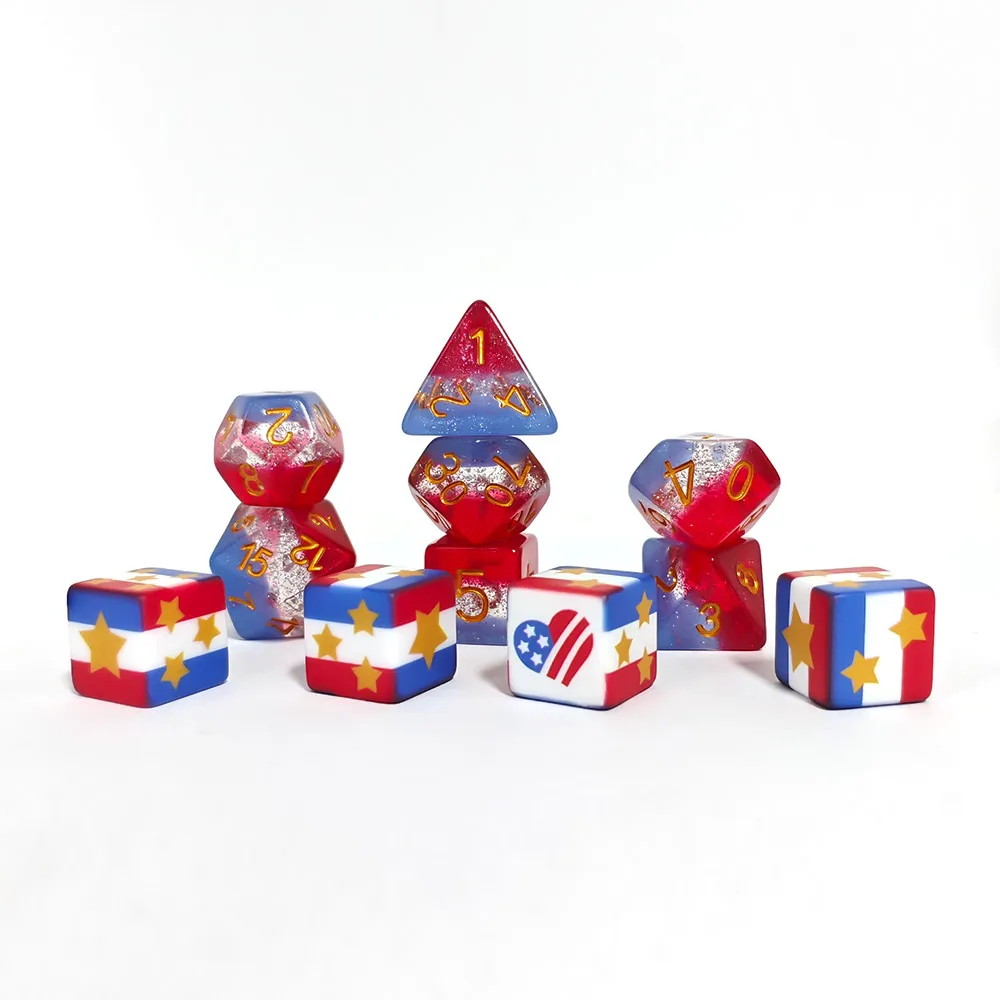 7Pcs/set Resin Layer Blue and Red Dice Set + 4Pcs USA Flag Heart 16MM D6 Acrylic Dice for America 250 Events Dice Set DND RPG