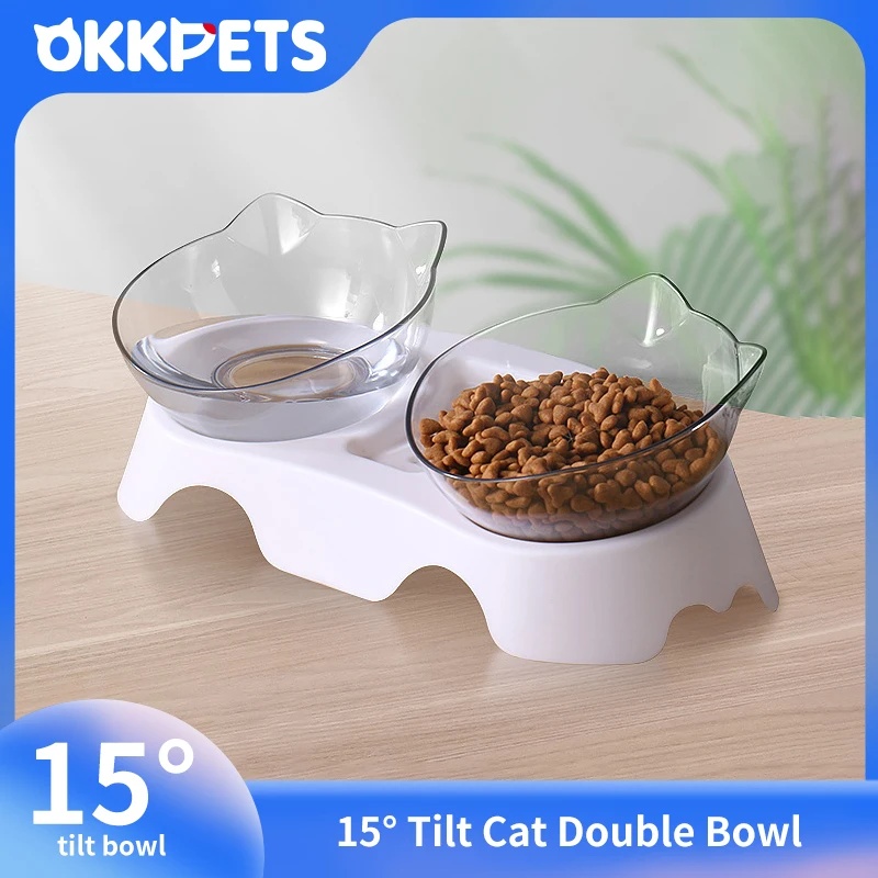 OKKPETS Cat Double Bowl Eco Friendly 15 Degree Tilted Elevated Plastic Neck Protection Cat Food And Water Feeder Things For Cats