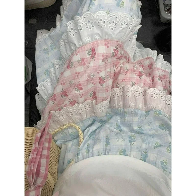 2026 Primavera novedad de verano vestido de encaje de cintura alta con forma de pastel para mujer dulce chica Vintage francés Floral encaje empalme falda Retro