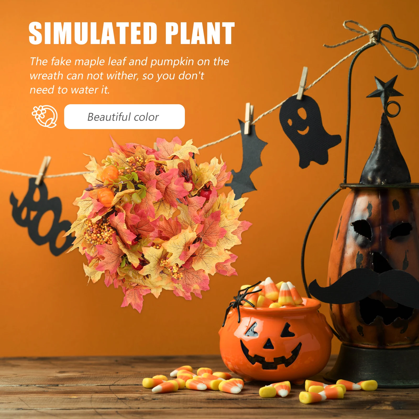 

1Pcs Artificial Wreath with Realistic Pumpkin Maple Leaf Orange Tone Thanksgiving Day Wreath for Door Living Room Bedroom