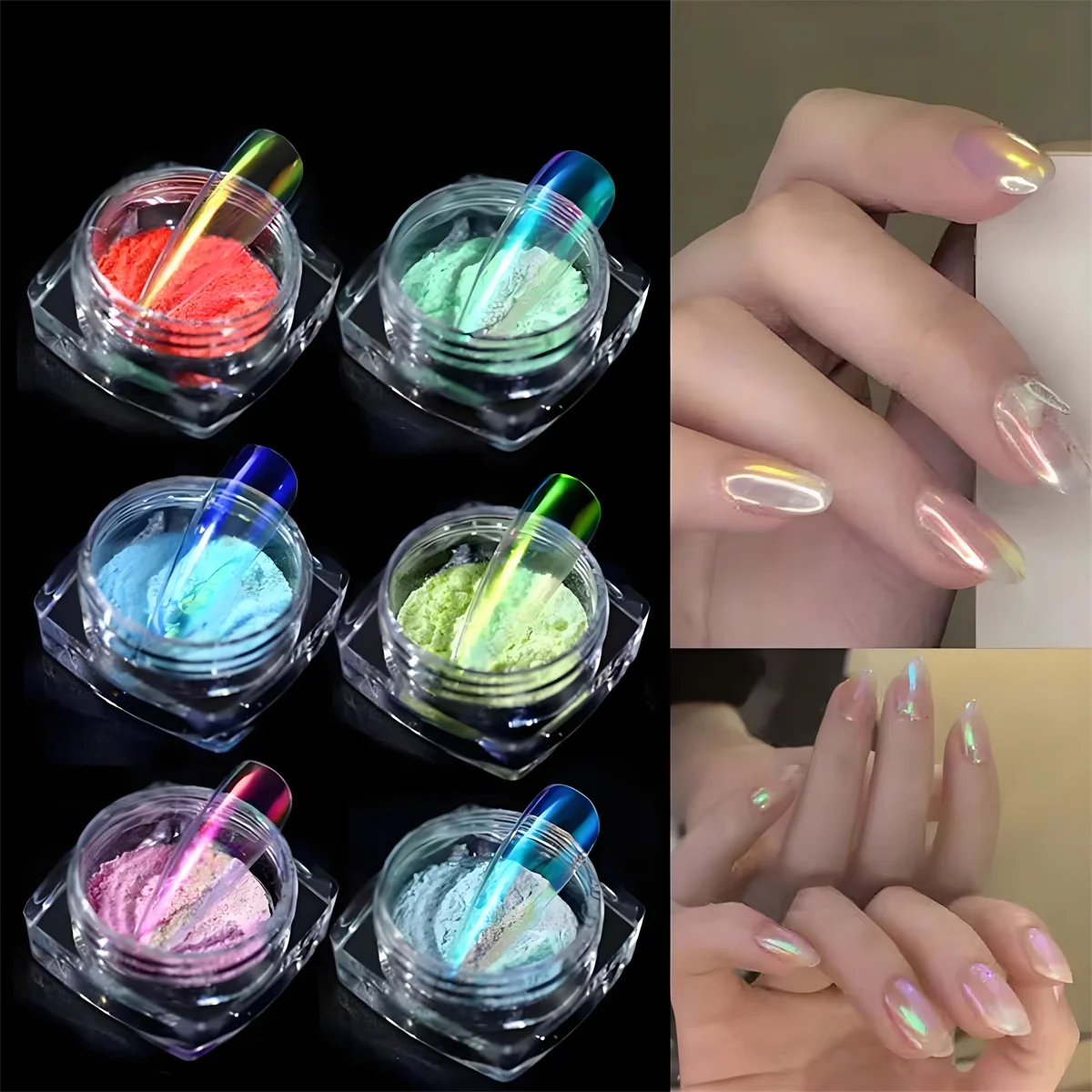 1set 6pcs Nail Magic Mirror Powder Nude Aurora Chromium Electroplating Nail Art Creation with Nail Polish Gel DIY Christmas Y2K