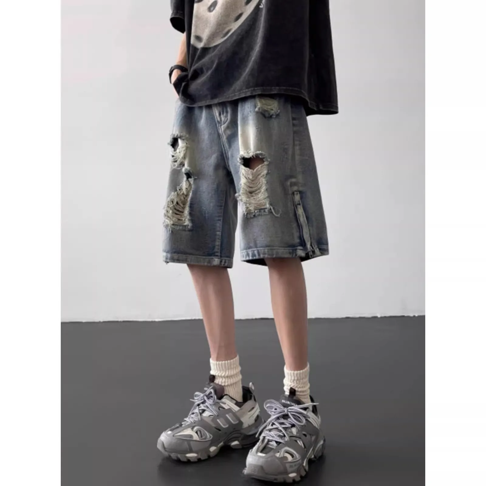 

Summer Men's Loose Fit Zipper Fly Denim orts High Street Sle Torn Hole American Sle mid Waist Polyester Fiber orts