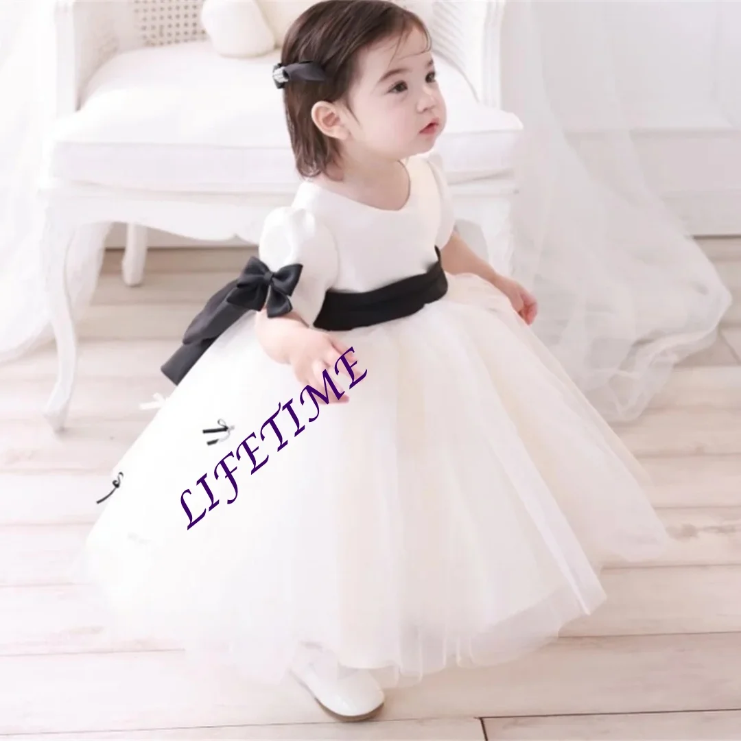 Vestidos de flores para niña, vestido elegante de princesa de tul con lazo y cuello redondo para fiesta de cumpleaños, vestido de primera comunión personalizado