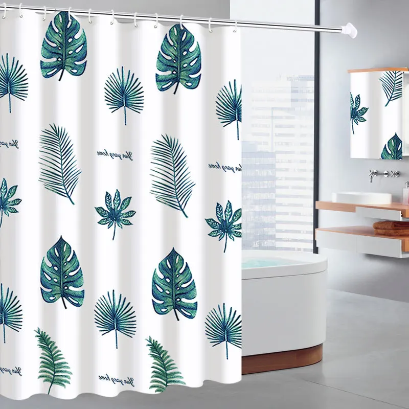 Shower Curtains Green Leave Print Bathroom Curtain Water Repellent Polyester Fabric with Hooks Plant Printed Modern Style 200cm