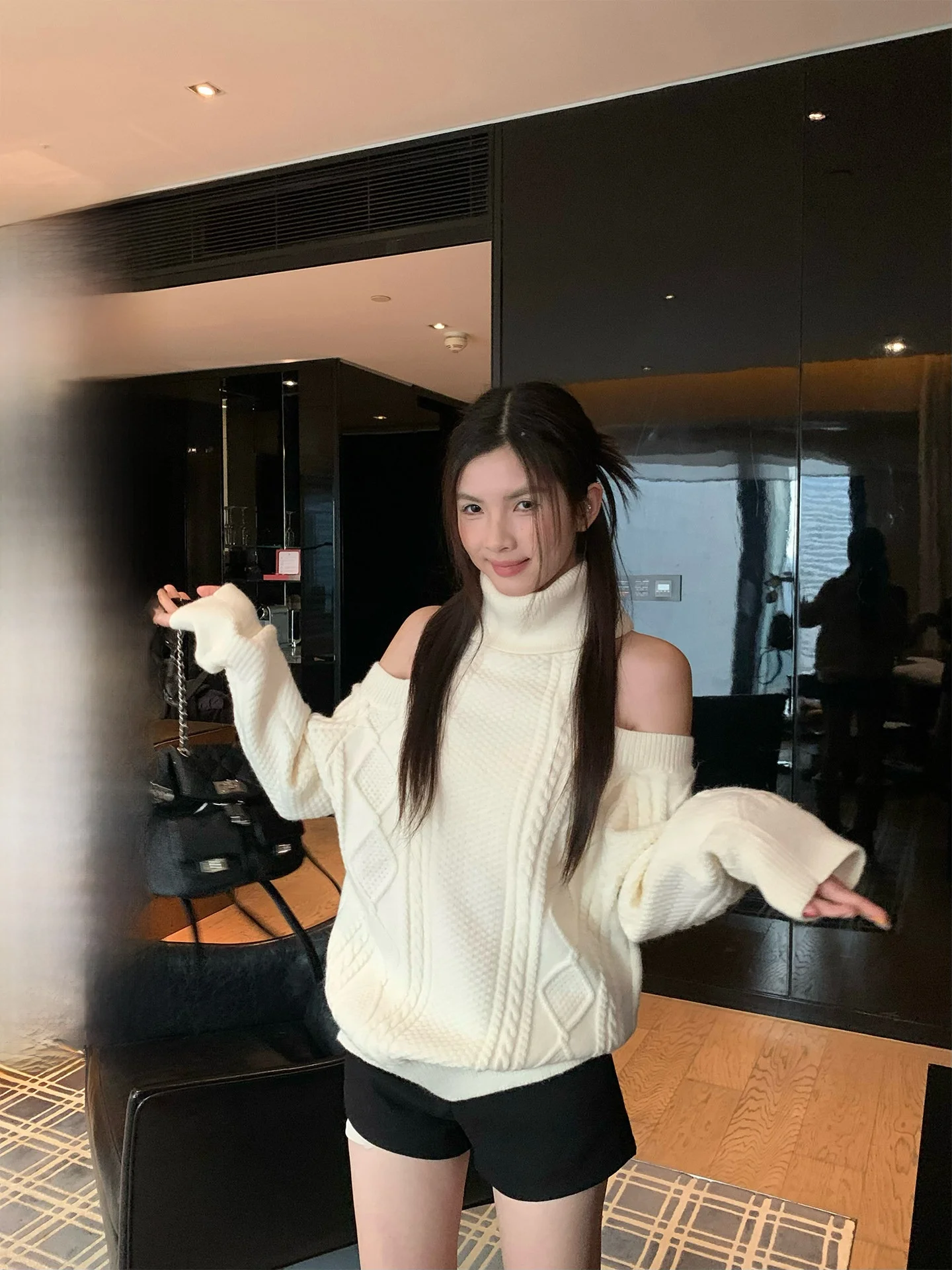 

Chic Open-oulder Knitted Sweater Women's f-High Collar Long-Sve Marled Top for Autumn Winter Casual Loose Fit Knitwear