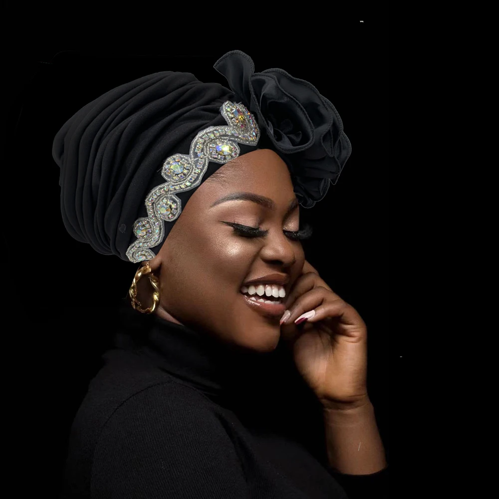 Satin Ruffled Pleated Turban Cap for Women African Ready to Wear Headtie Nigeria Female Head Wraps Bonnet Party Headgear