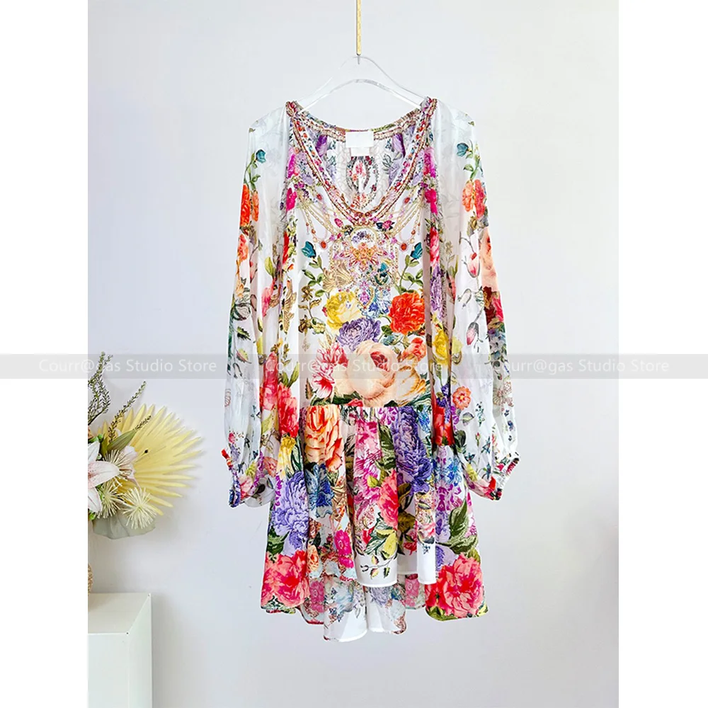 Australian niche noblewoman resort style silk printed V-neck rhinestone flared sleeve mini dress