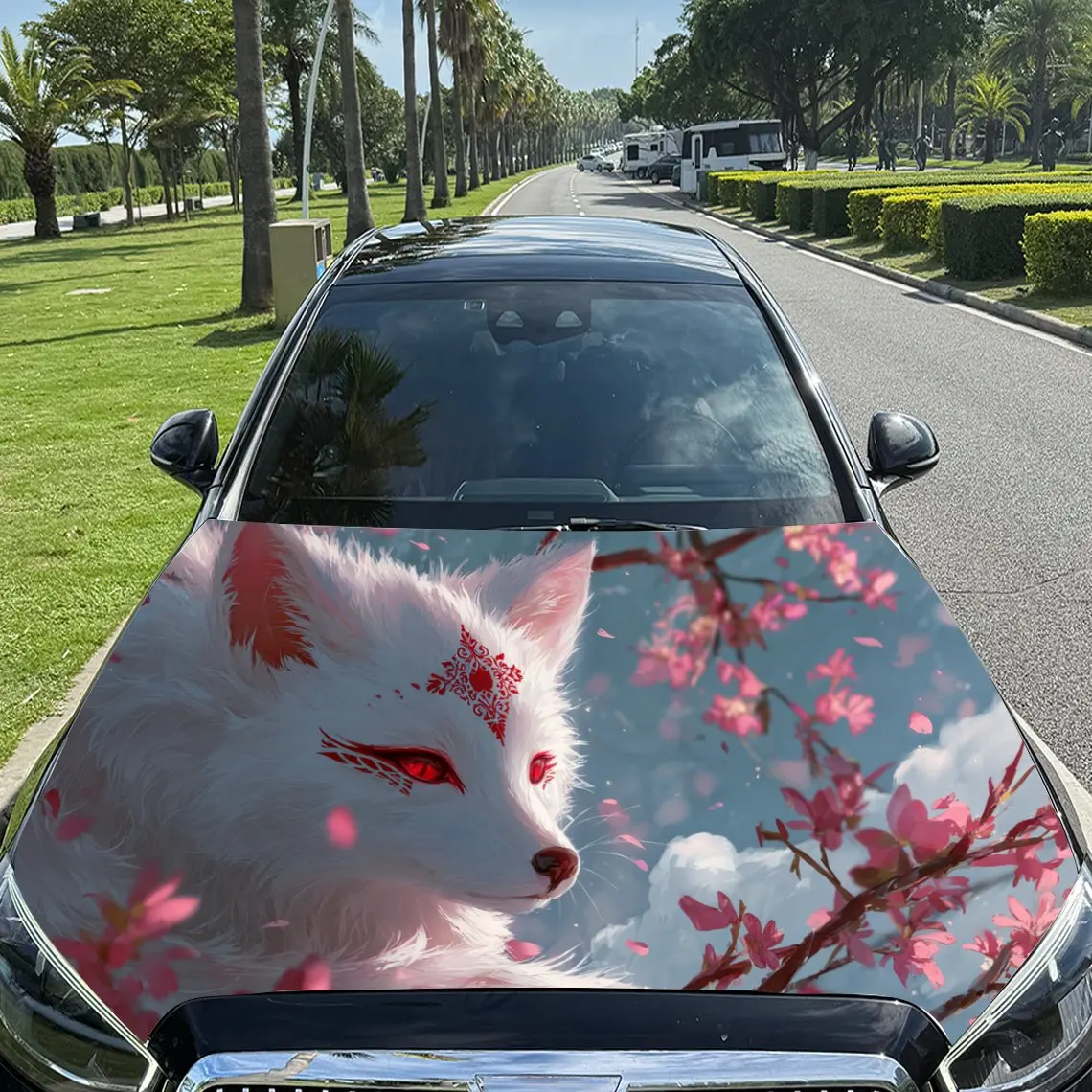 

Cherry Blossom White Fox Car Hood Decal Sticker - Durable PVC Self-Adhesive Weatherresistant Decoration For Cars, Motorcycles, T