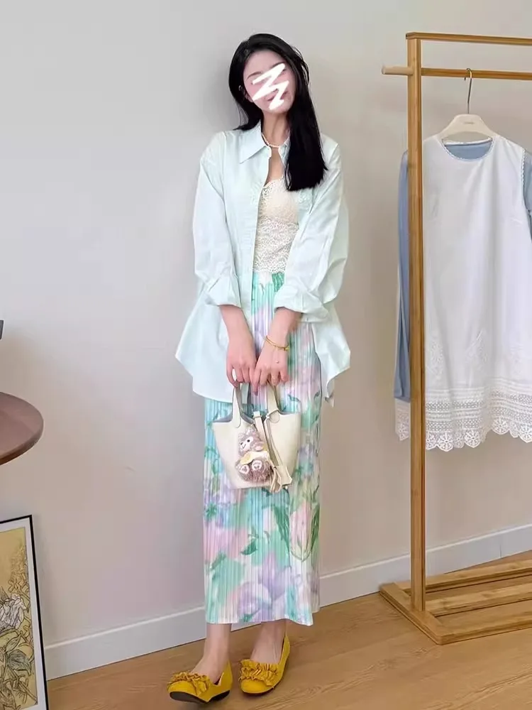 Summer 2026 High Waist Pleated Straight Cut Floral Half Skirt Versatile Stylish Design Casual Polyester Fiber Midi Skirt
