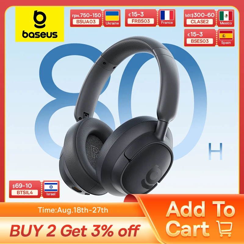 Baseus Bass BH1 Wireless Headphones Bluetooth 6.0 SuperBass 2.0 Over Ear Headset ENC Clear Calls 80hours Playtime Earphones