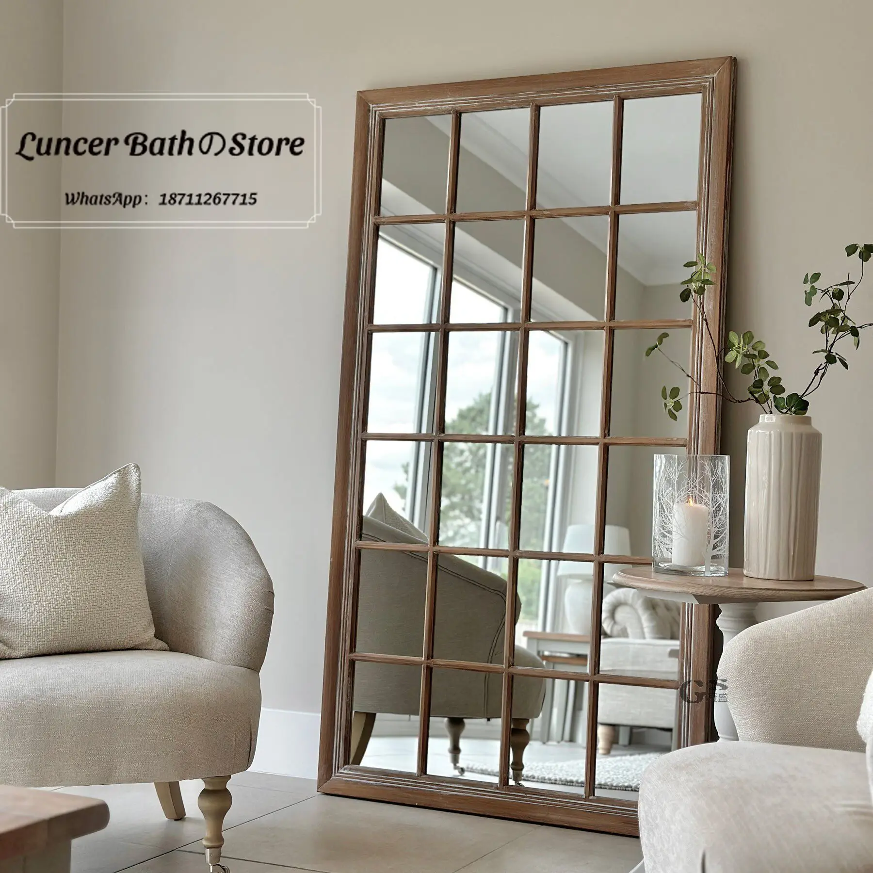 American Vintage Wall Decor Mirror, Faux Window Mirror for Bedroom, Floor Standing Square MCM Dressing Mirror for Home