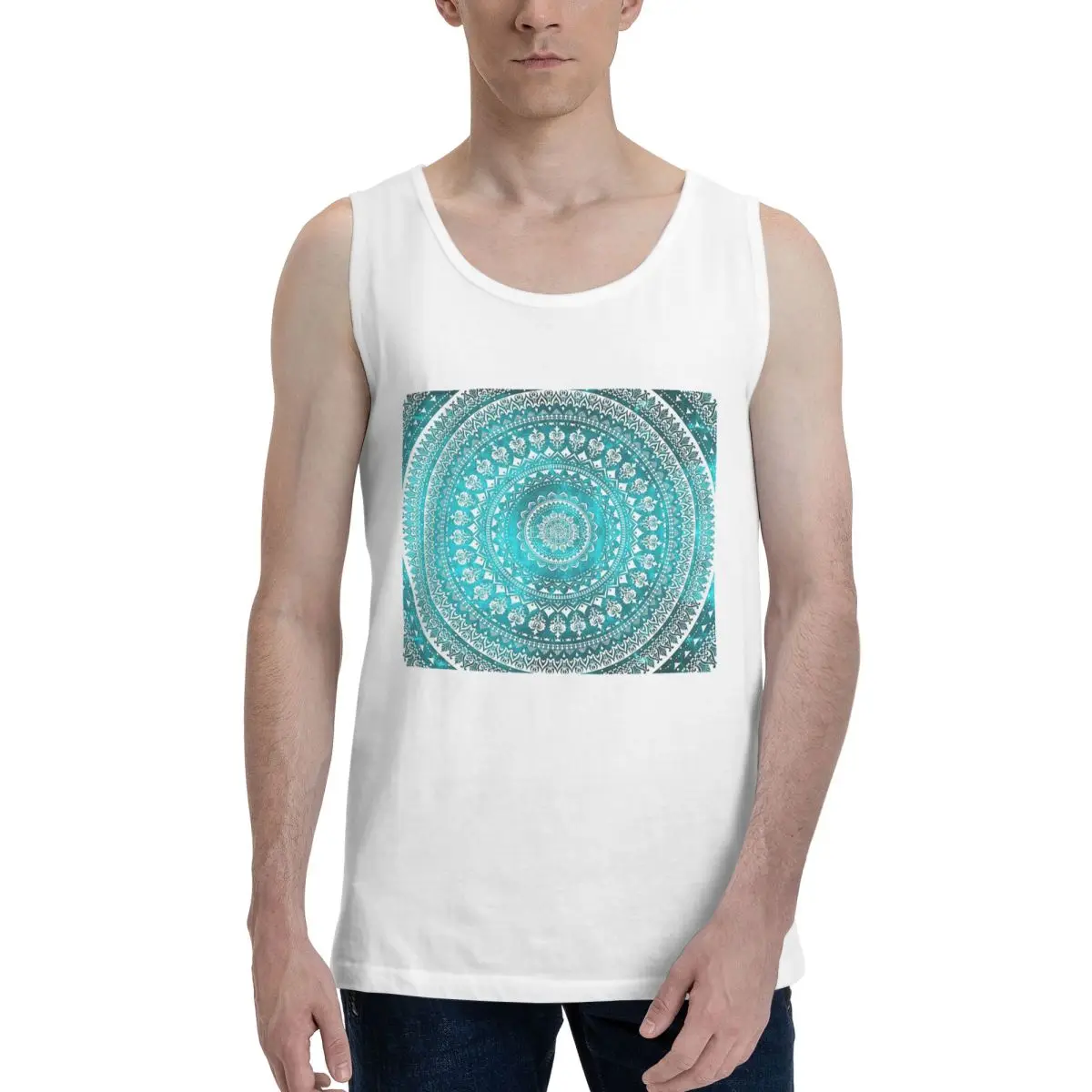 Mandala Turquoise 100% Cotton Men's Sweatshirt Vest Sleeveless Clothing Tees Men Tank Tops T-shirt
