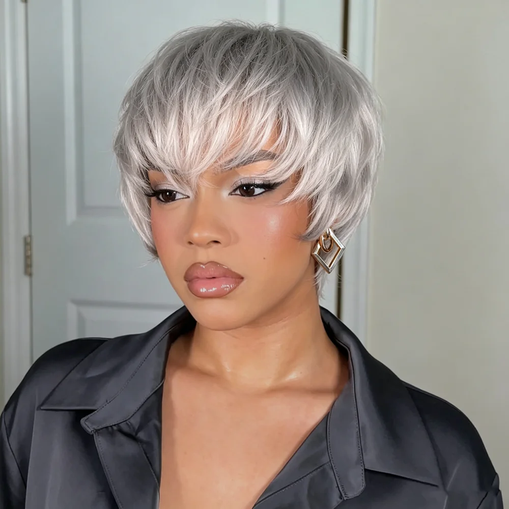Women's Short Gray Pixie Cut Wig With Bangs Full Machine Made natural Straight Layered Human Hair Wig for daily & event use