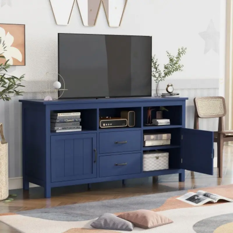 TV Stand For TV Up To 68 In With 2 Doors And 2 Drawers Open Style Cabinet, Sideboard For Living Room, Navy