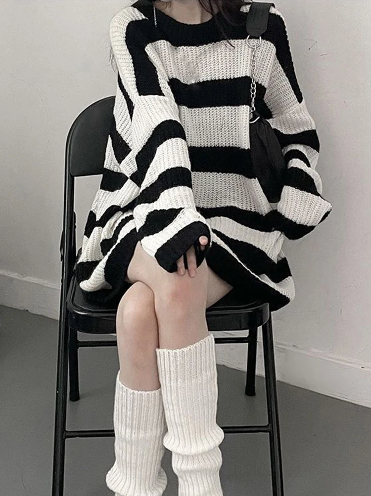 Jmprs Y2K Striped Sweaters Women Gothic Loose Punk Knitted Jumpers Streetwear Harajuku Long Sleeve Vintage Lady Pullovers Tops