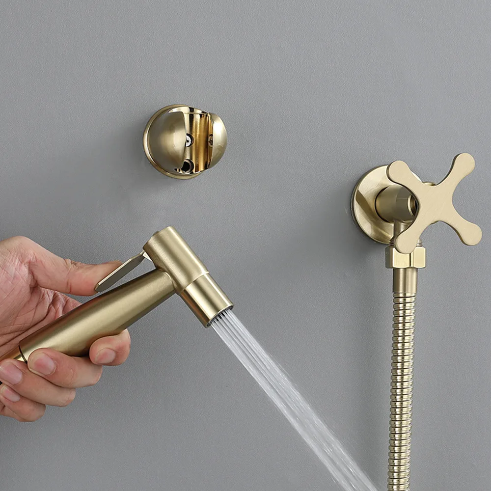 Brushed Gold Stainless Steel Toilet Bidet Faucet Set Wall-mounted Bathroom Bidet Sprayer Set Sprayer  Gun Shower Self Cleaning