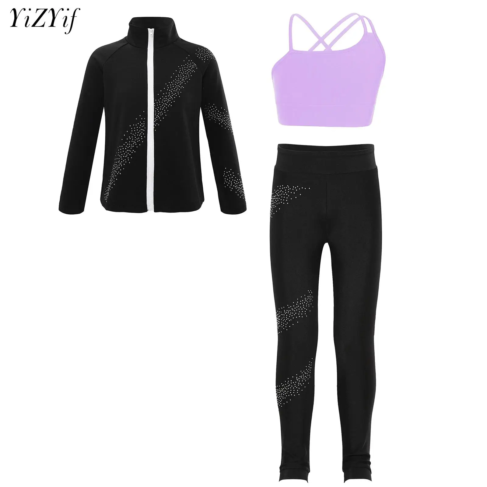 Kids Girls Tracksuit Ballet Yoga Training Suit Figure Ice Skating Jacket with Crop Top and Practice Leggings Dancewear Set