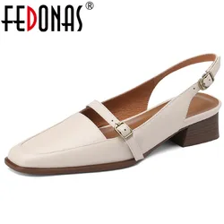 FEDONAS Top Quality Genuine Leather Women Pumps Vintage Mature Office Ladies Square Toe Low Heels Slingbacks Sandals Shoes Woman